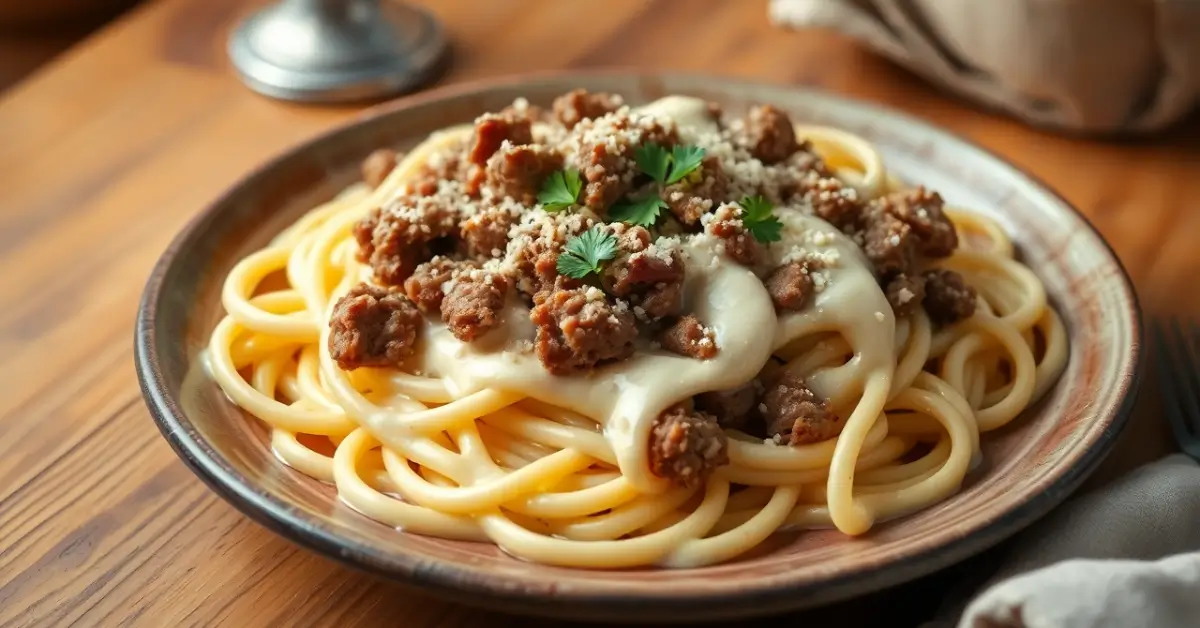 ground beef and alfredo sauce