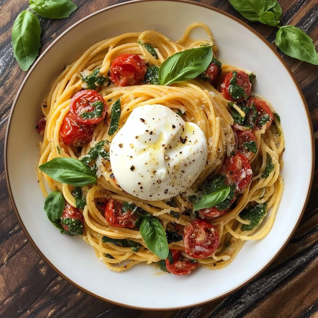 Delicious Caprese Pasta with Burrata, tomatoes, basil, and olive oil