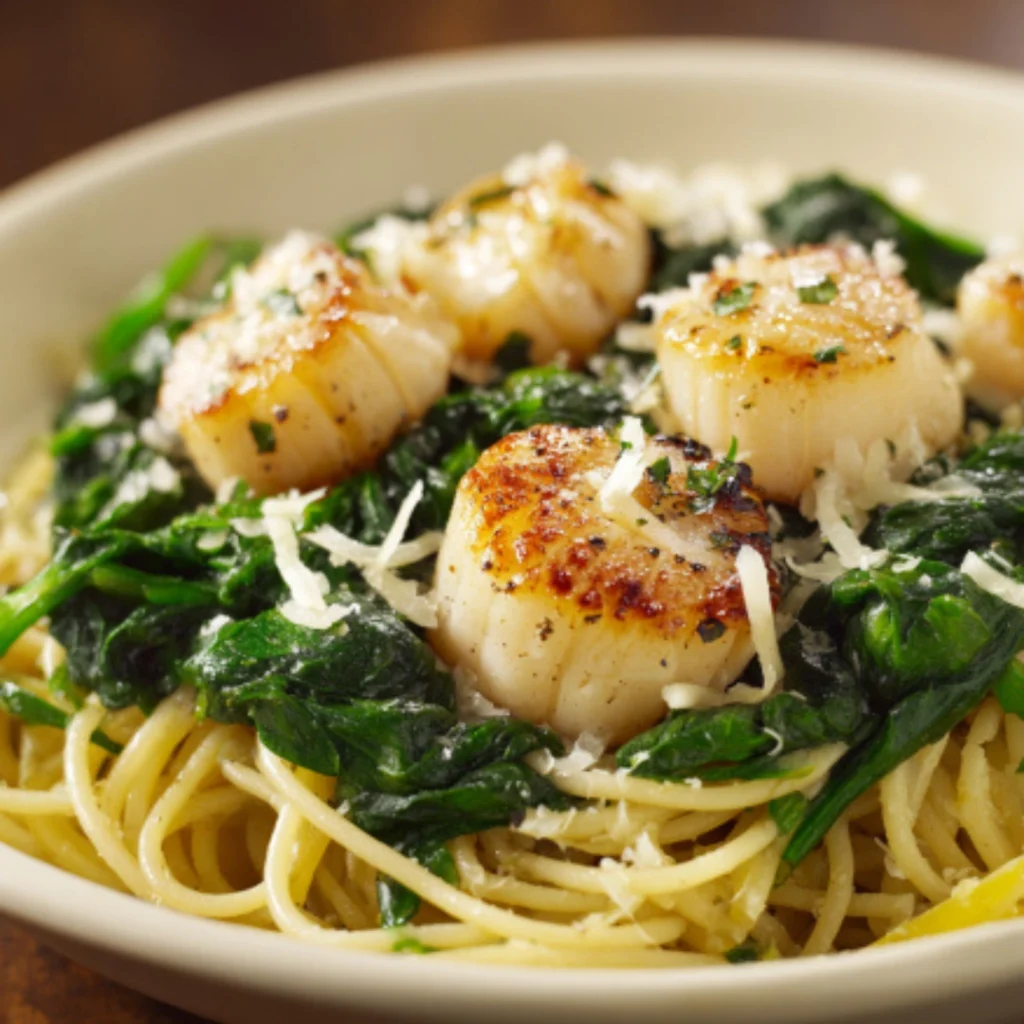 Scallops and Spinach Over Pasta