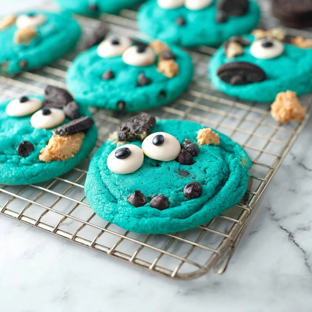 Colorful Cookie Monster Cookies topped with chocolate chips and blue frosting