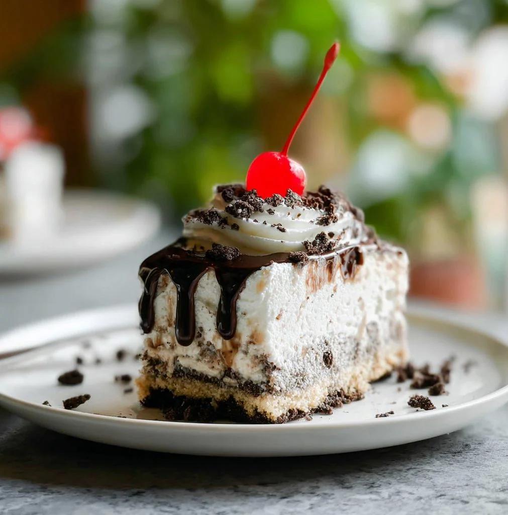 Delicious ice cream cake topped with chocolate drizzle and sprinkles