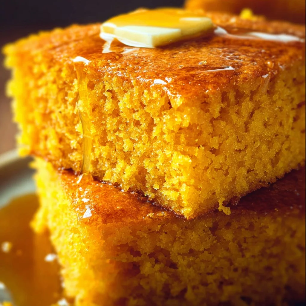 Delicious sweet potato cornbread sliced and served warm with butter