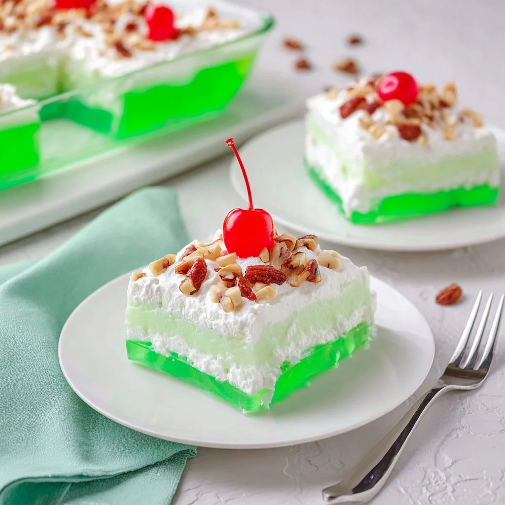 Delicious 7 Up Jello Salad served in a bowl with fruit pieces