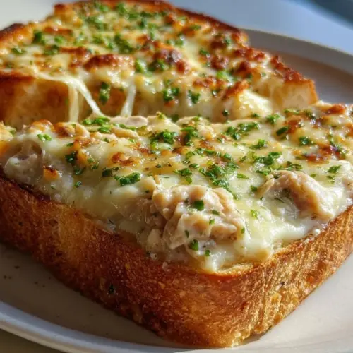Delicious open-faced tuna melt topped with cheese and herbs.