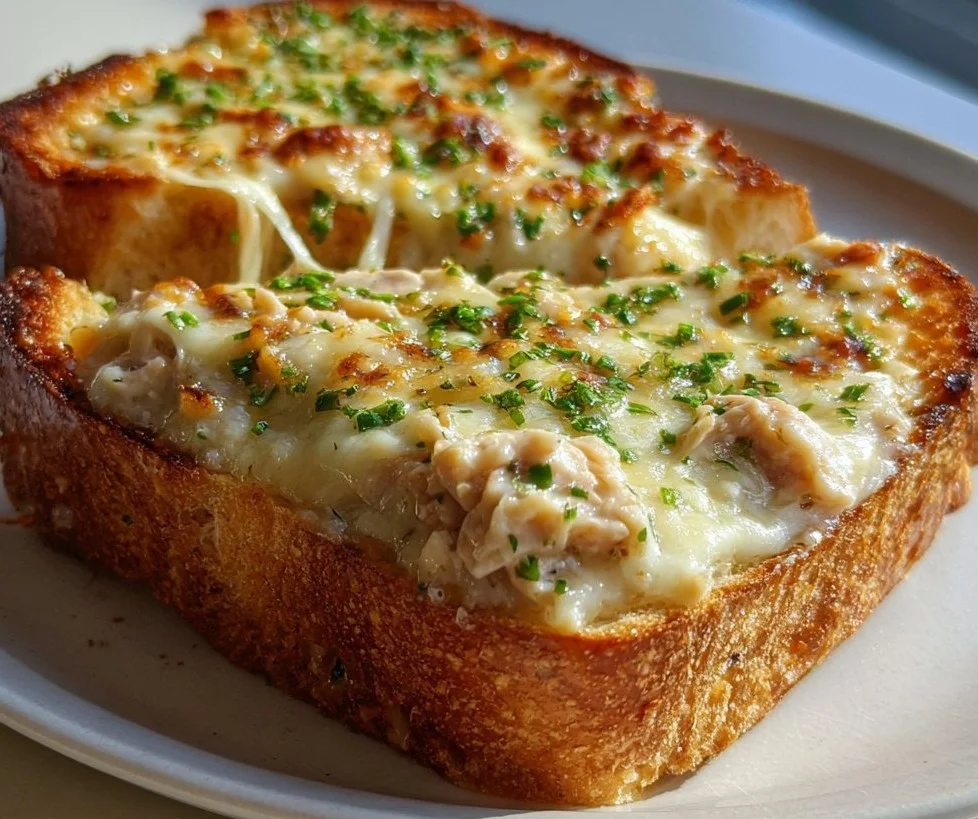Delicious open-faced tuna melt topped with cheese and herbs.