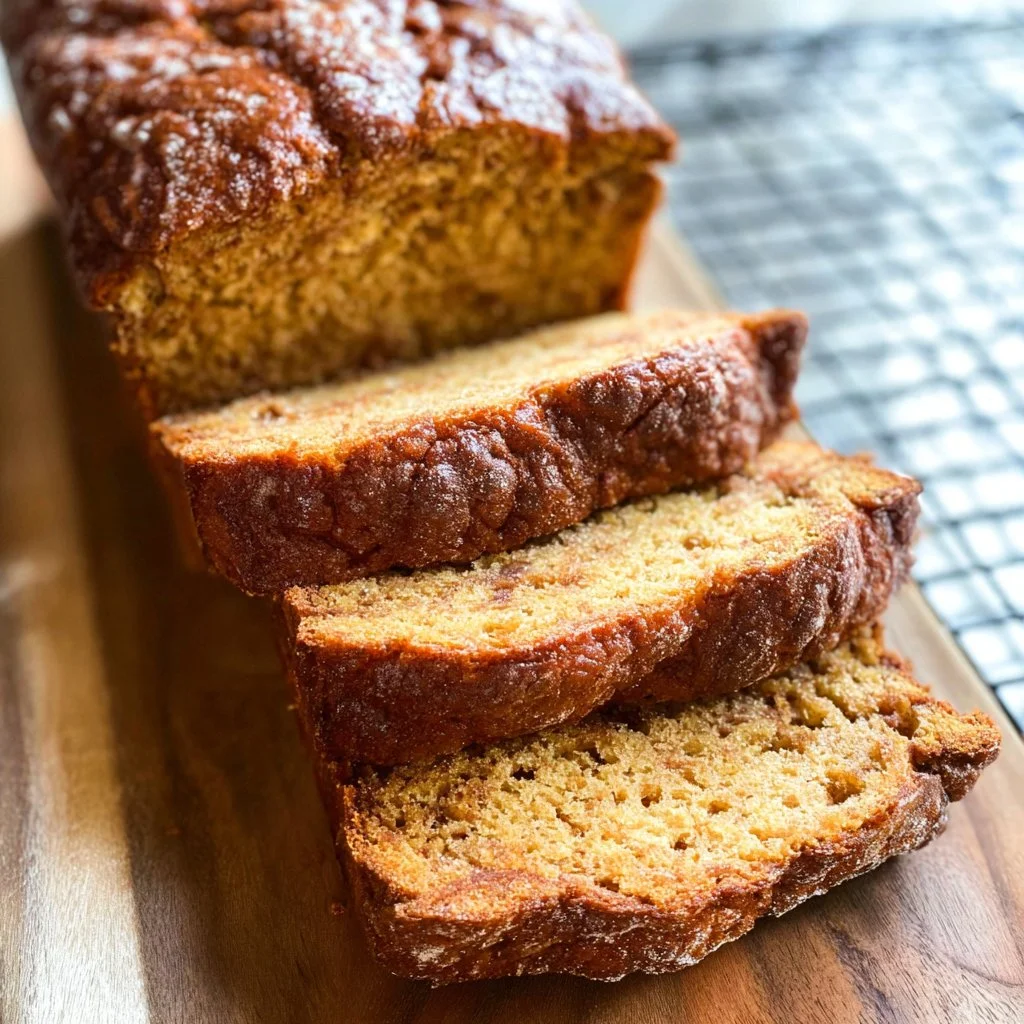 Loaf of freshly baked Amish Cinnamon Bread with swirls of cinnamon.