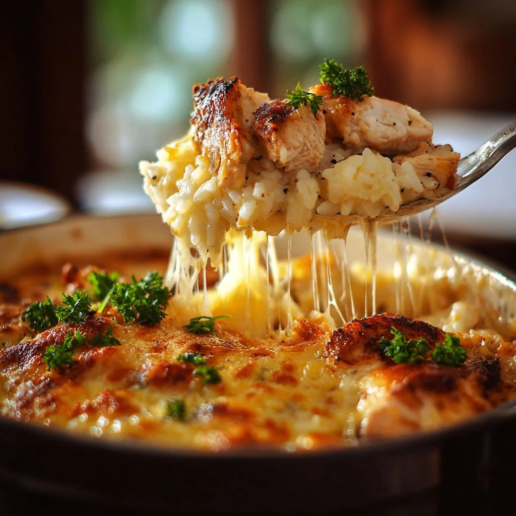 Delicious Angel Chicken Rice Casserole topped with herbs and served in a dish