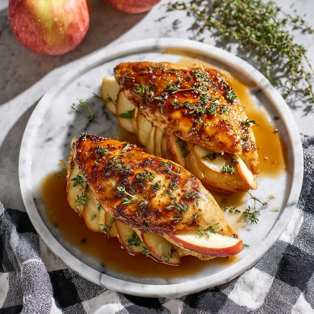 Apple and Brie stuffed chicken dish garnished with fresh herbs