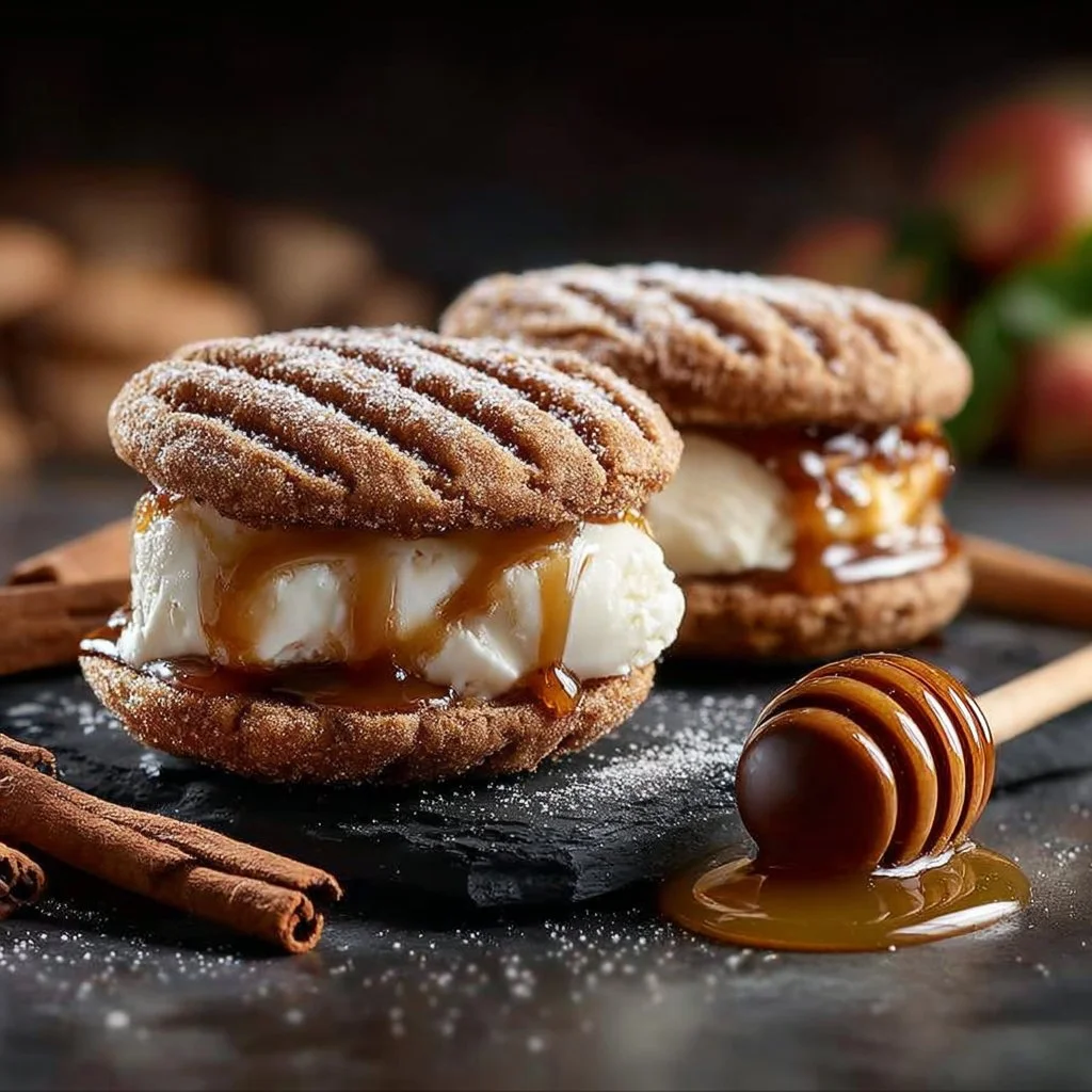 Apple cider whoopie pie cookies filled with caramel drizzle