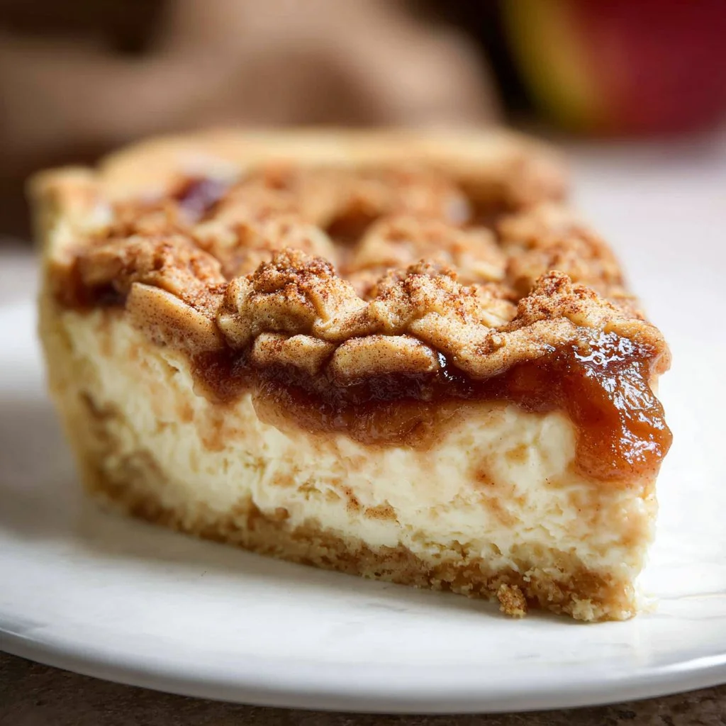 Delicious slice of Apple Pie Cheesecake topped with apple slices and cinnamon