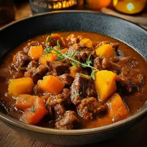 Bowl of hearty Autumn Harvest Beef Stew with vegetables and herbs