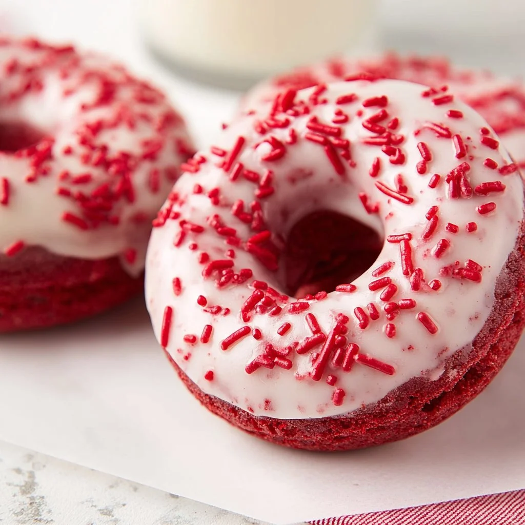 Baked red velvet donuts made from cake mix, drizzled with cream cheese icing.