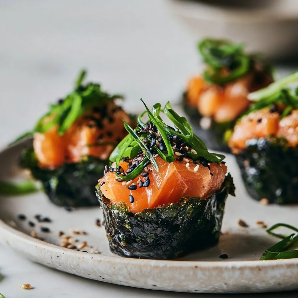 Baked salmon sushi cups served on a white plate with fresh ingredients.