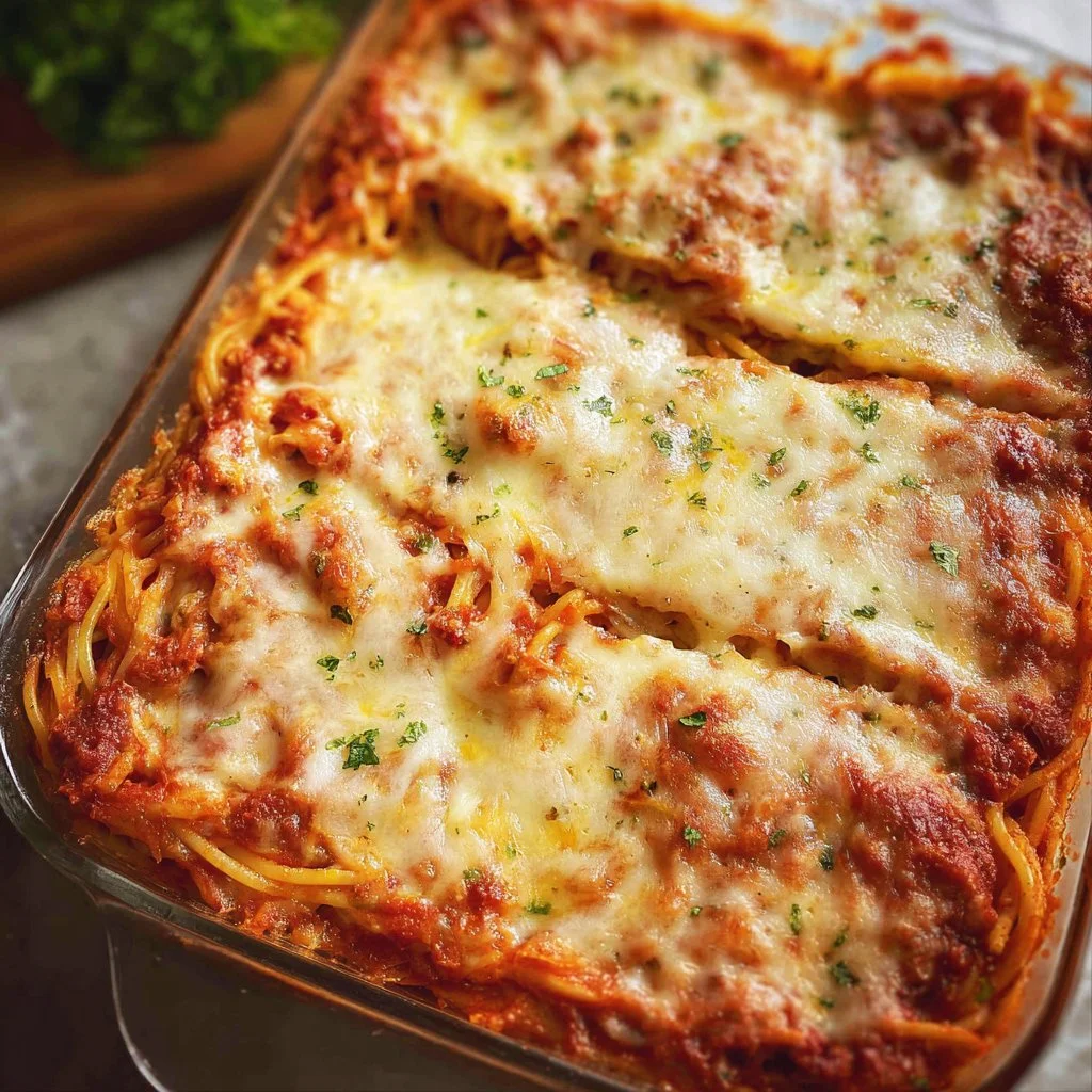 Delicious baked spaghetti topped with melted cheese and herbs