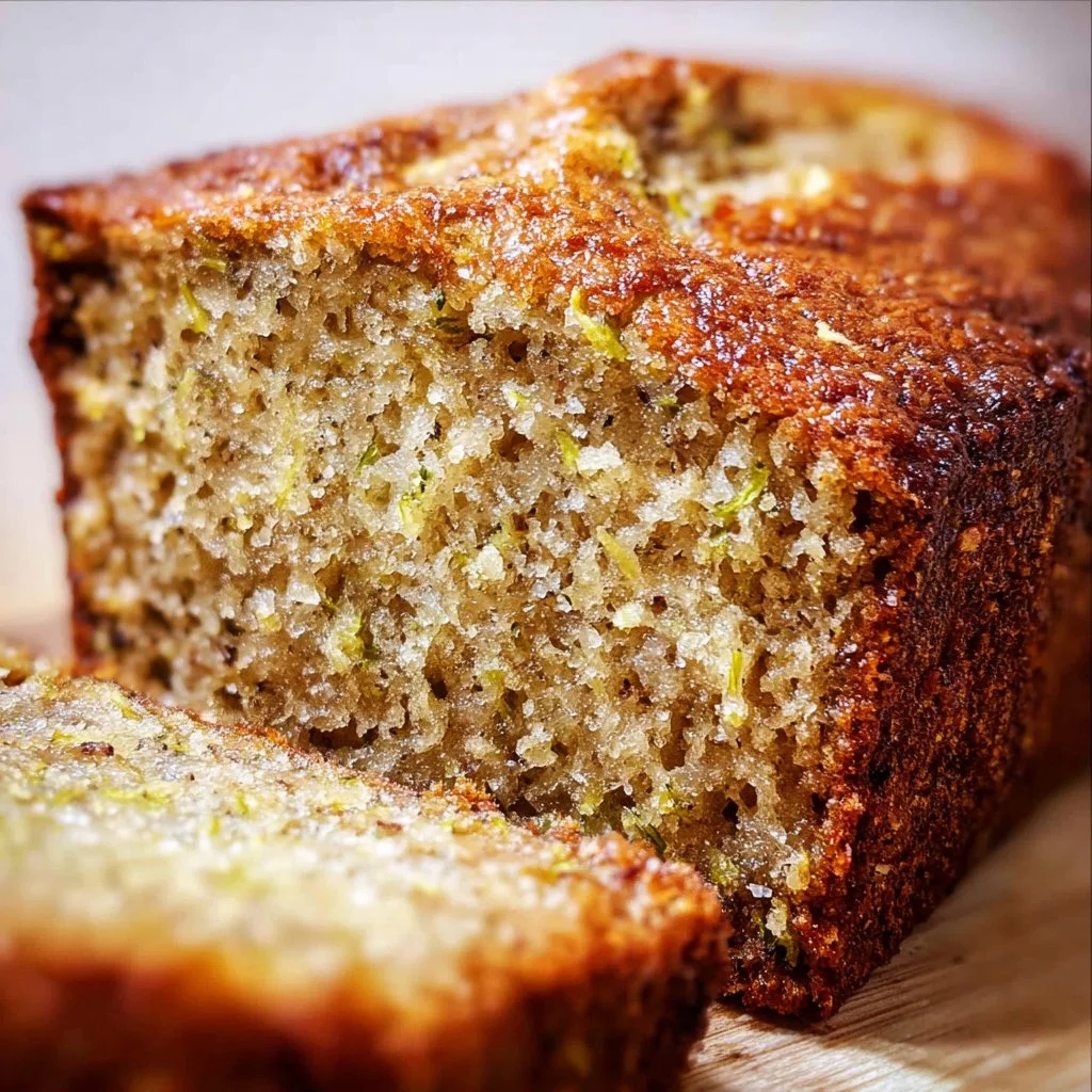 Sliced banana zucchini bread on a wooden cutting board