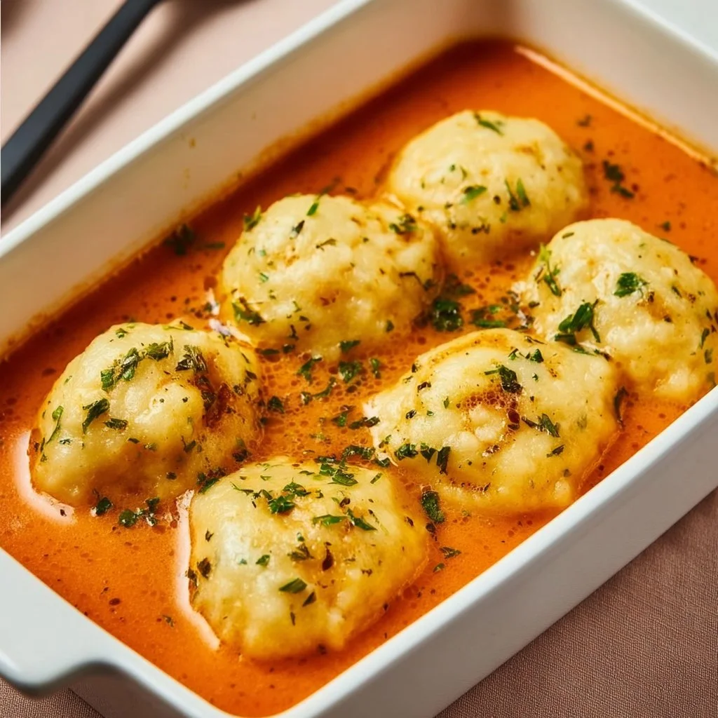 Delicious bowl of best tomato soup with cheddar bay dumplings