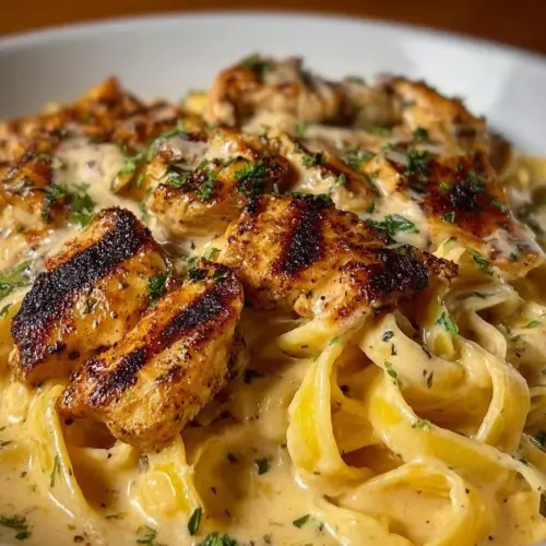 Delicious plate of blackened Cajun chicken alfredo pasta served with herbs