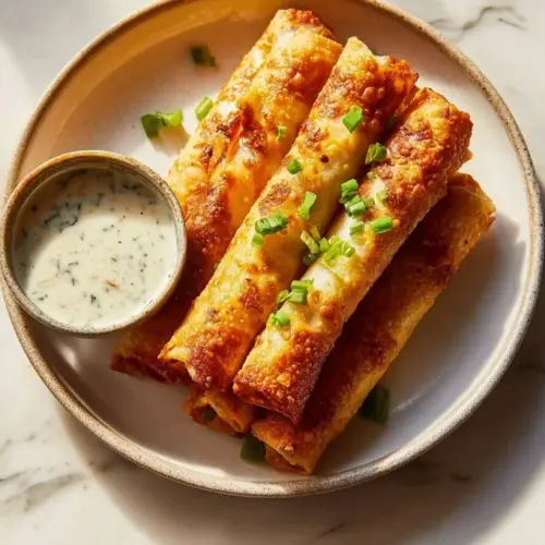 Buffalo Chicken Taquitos garnished with fresh herbs on a plate