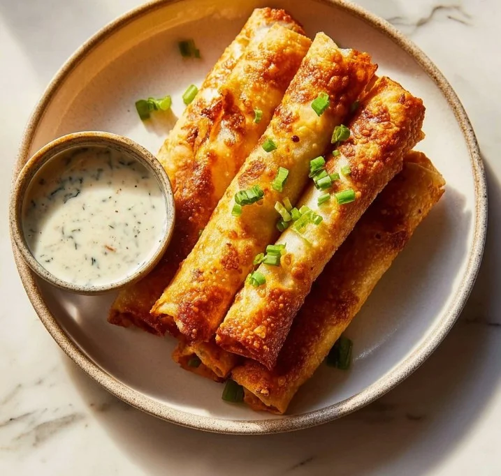 Buffalo Chicken Taquitos garnished with fresh herbs on a plate