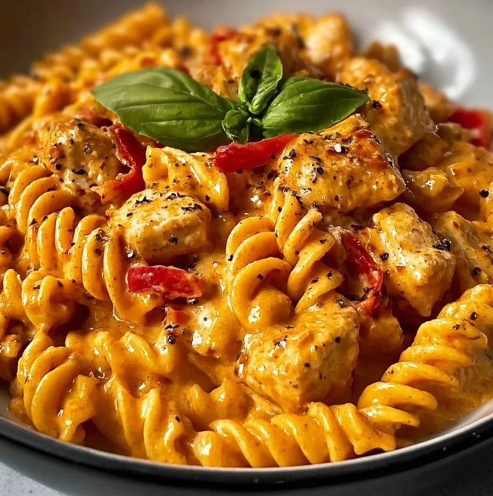Cajun chicken pasta bake with cream cheese in a baking dish