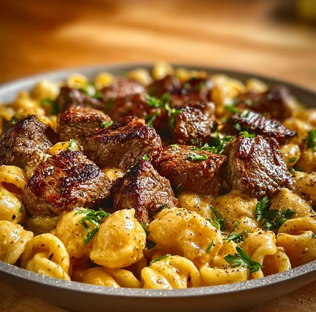Cajun Steak Bites served with cheesy garlic pasta on a plate