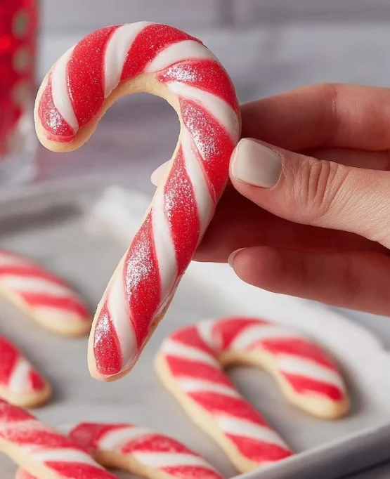 Festive Candy Cane Cookies decorated with red and white stripes
