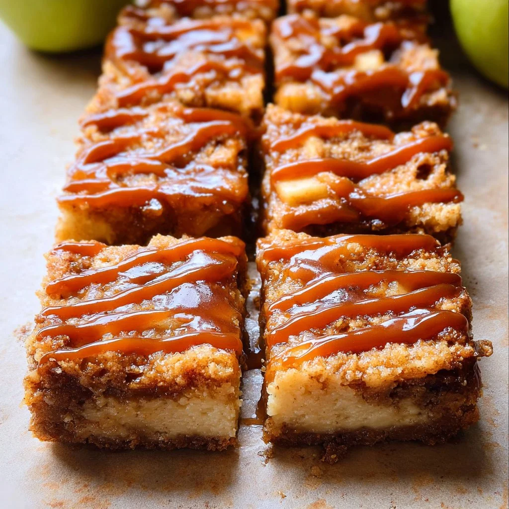 Delicious Caramel Apple Cheesecake Bars with caramel drizzle and apple slices