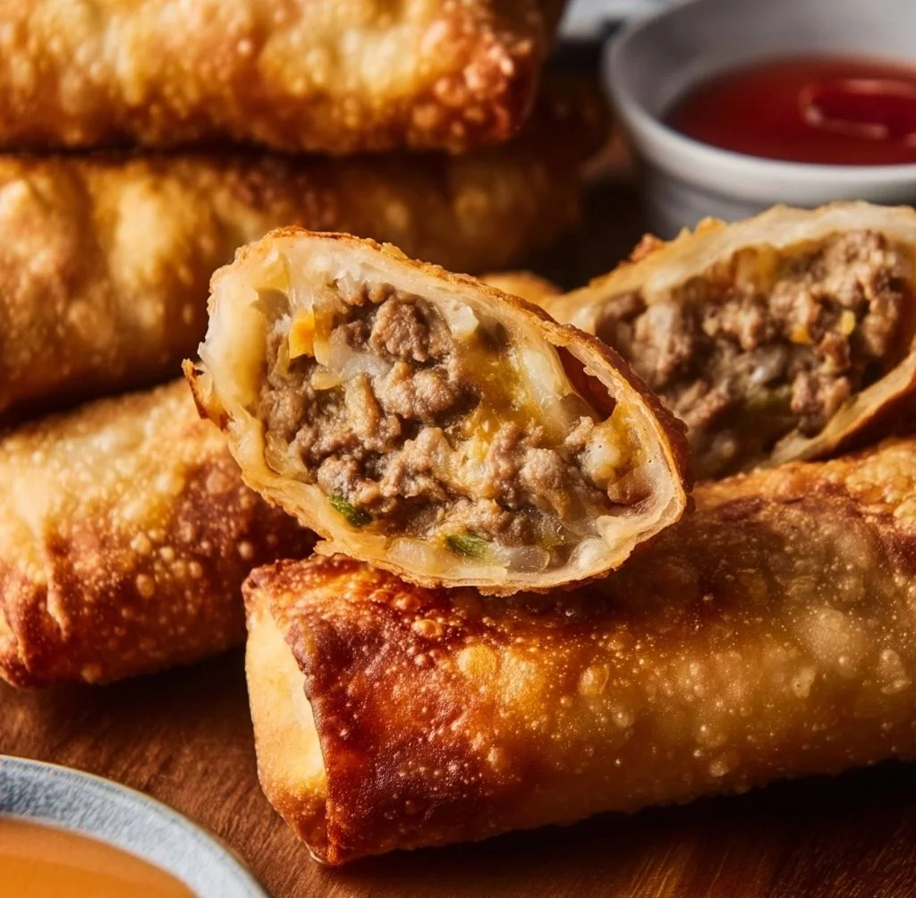 Delicious cheeseburger egg rolls served with dipping sauce