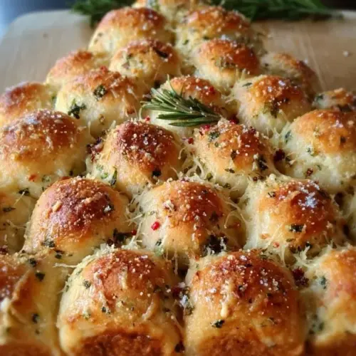 Cheesy pull-apart Christmas tree bread served on a decorative platter