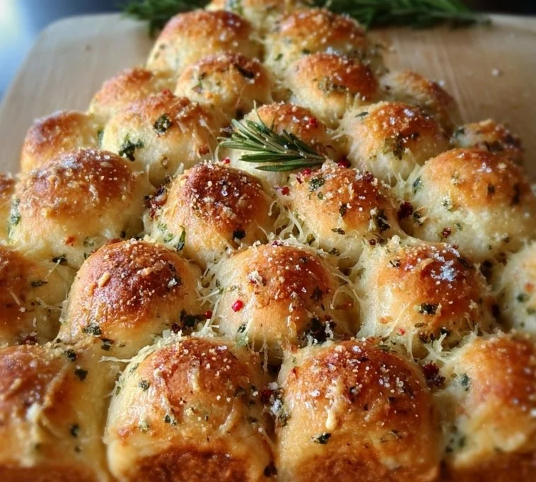Cheesy pull-apart Christmas tree bread served on a decorative platter