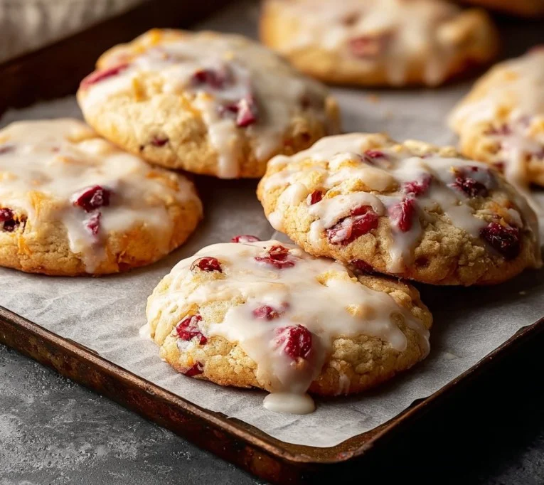 Chewy Christmas cranberry orange cookies with festive decorations on a plate