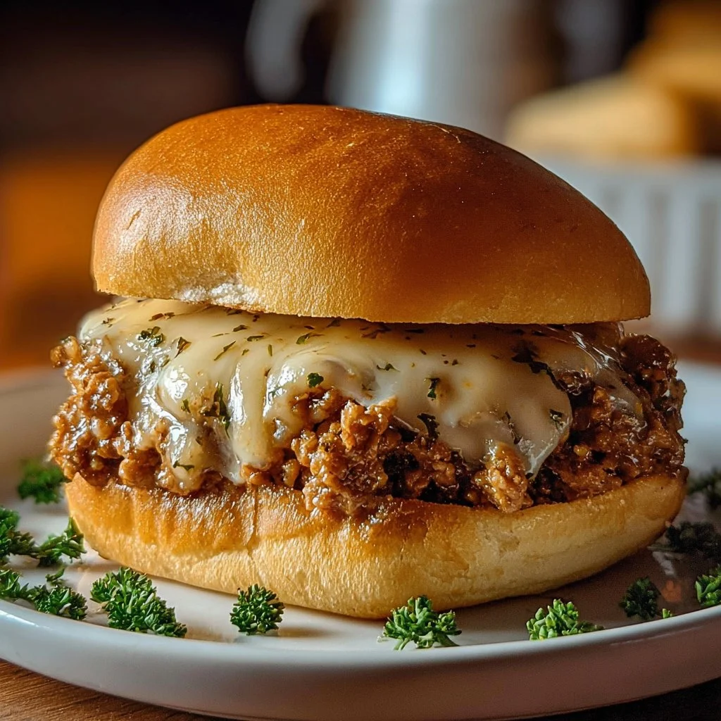 Chicken Alfredo Sloppy Joes with creamy sauce and toppings on a bun
