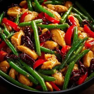 Delicious chicken stir-fry with green beans in a colorful serving dish