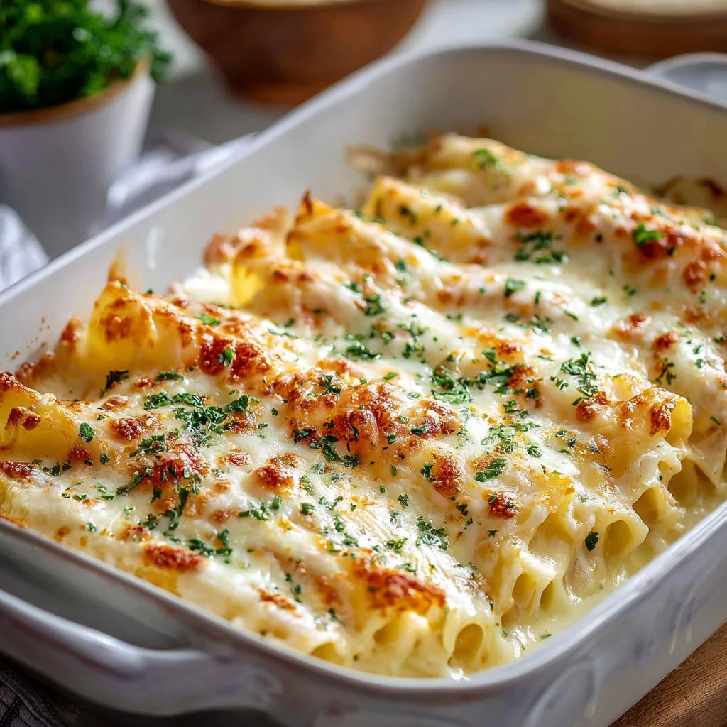Delicious Chicken Manicotti Alfredo dish topped with creamy sauce and herbs.