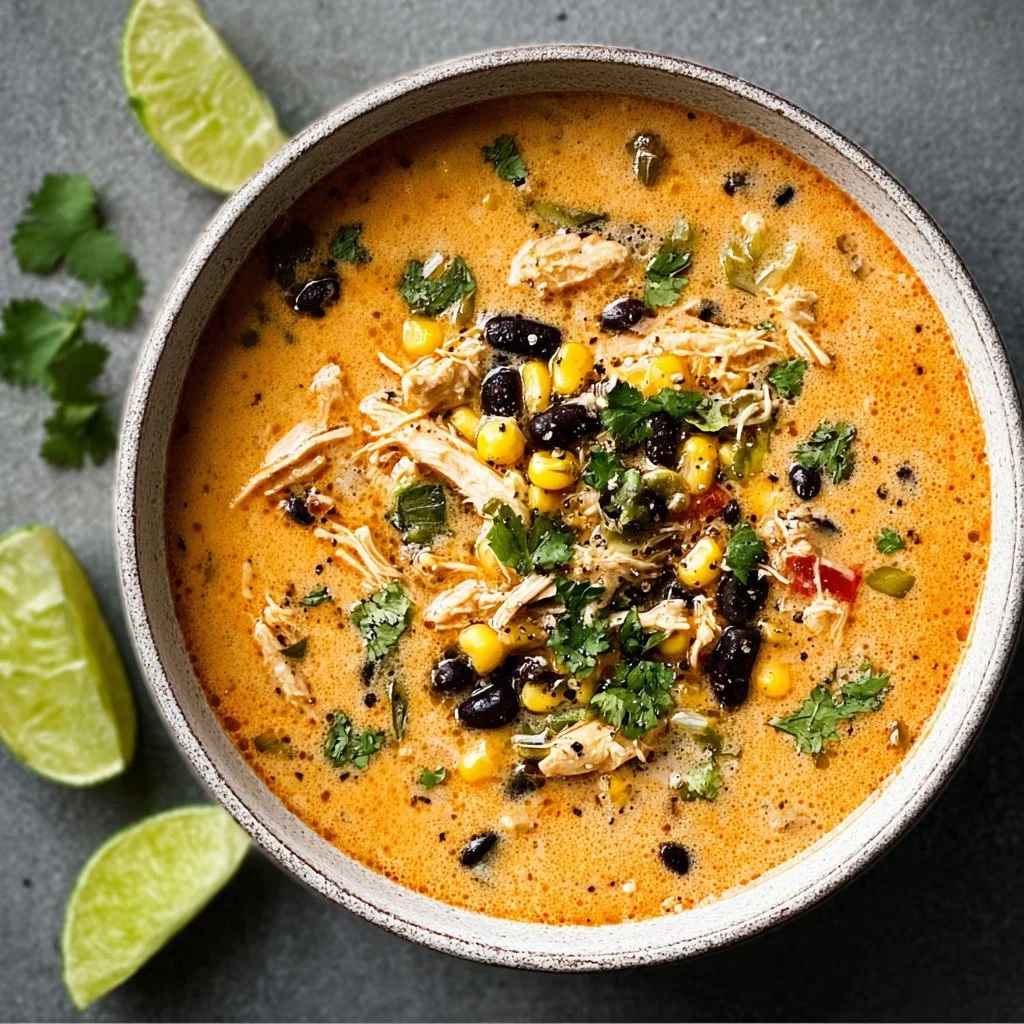 Bowl of Chicken Poblano Soup garnished with fresh herbs and served with tortilla chips