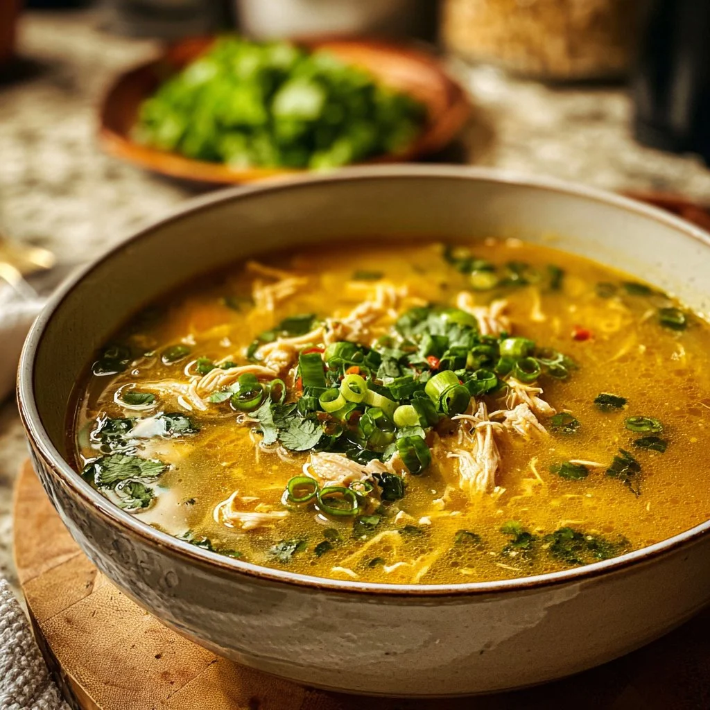 Bowl of Chicken Poblano Soup garnished with fresh herbs and peppers