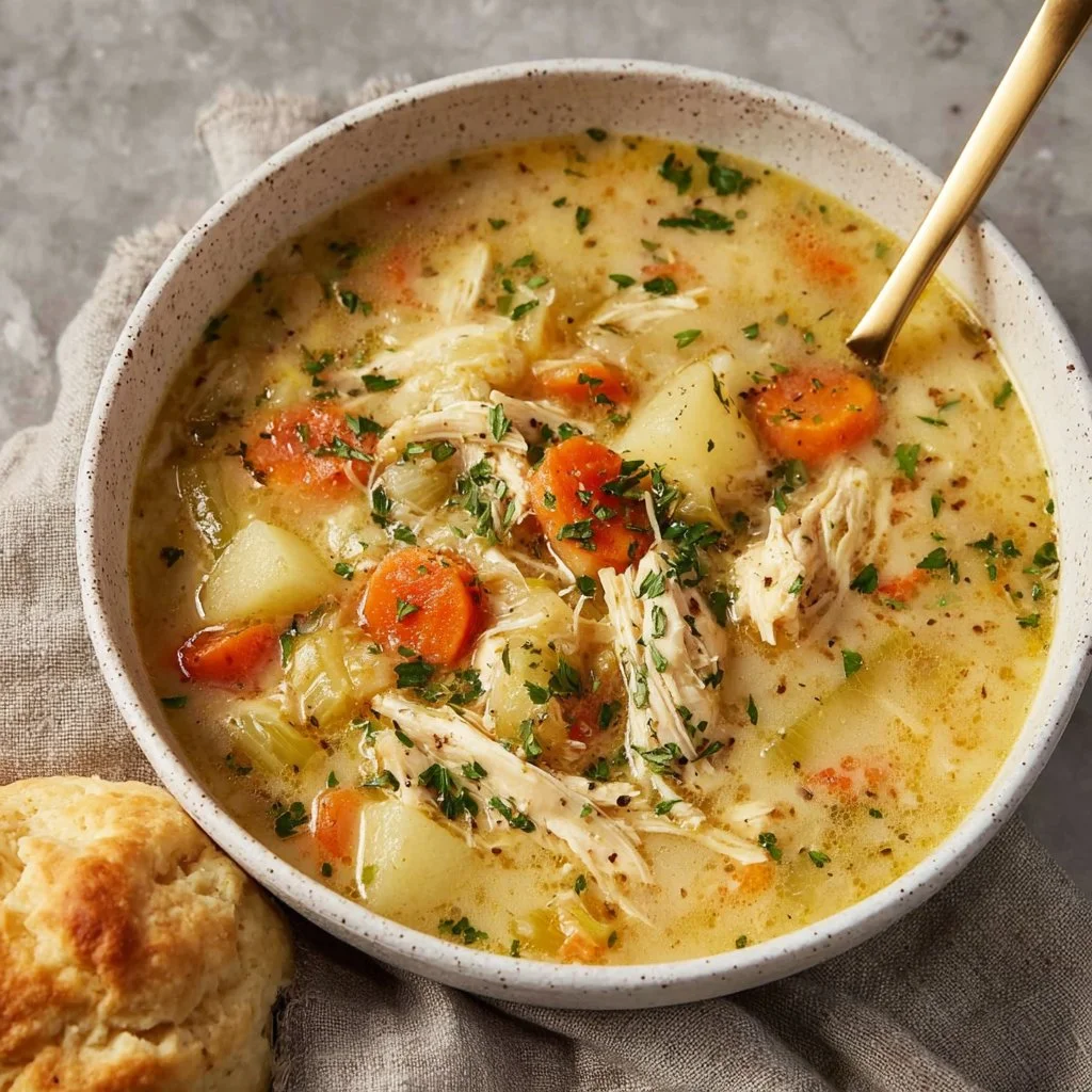 Bowl of Chicken Pot Pie Soup with vegetables and herbs
