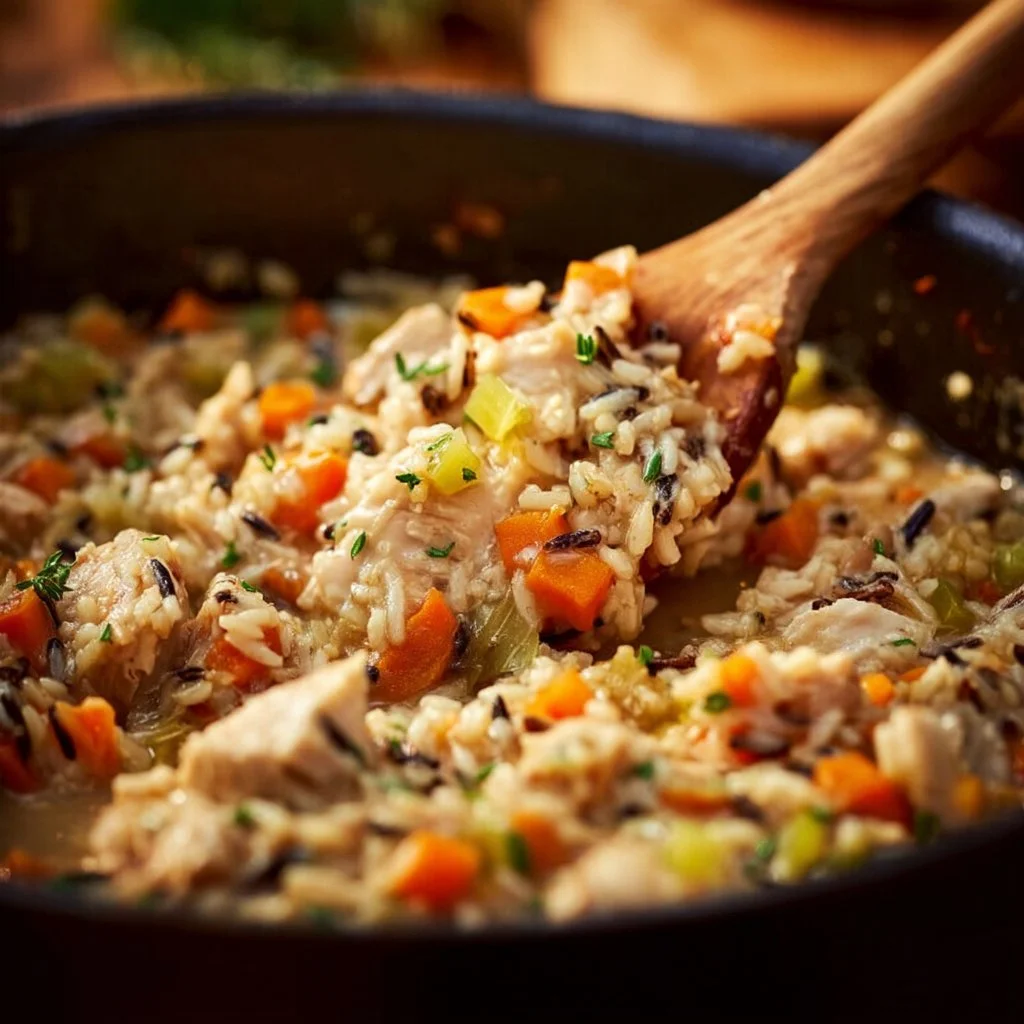 Delicious Chicken Wild Rice Casserole topped with herbs and served in a baking dish.