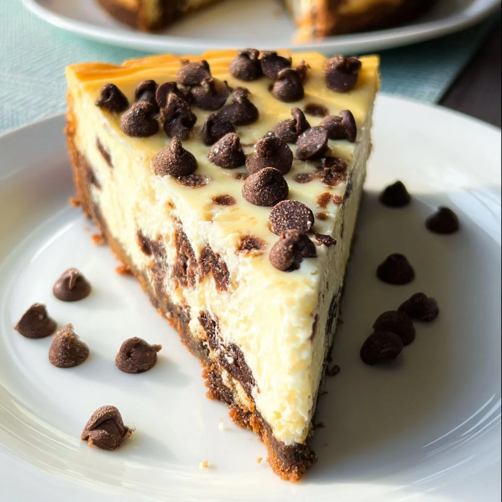 Delicious homemade Chocolate Chip Cheesecake topped with chocolate chips.