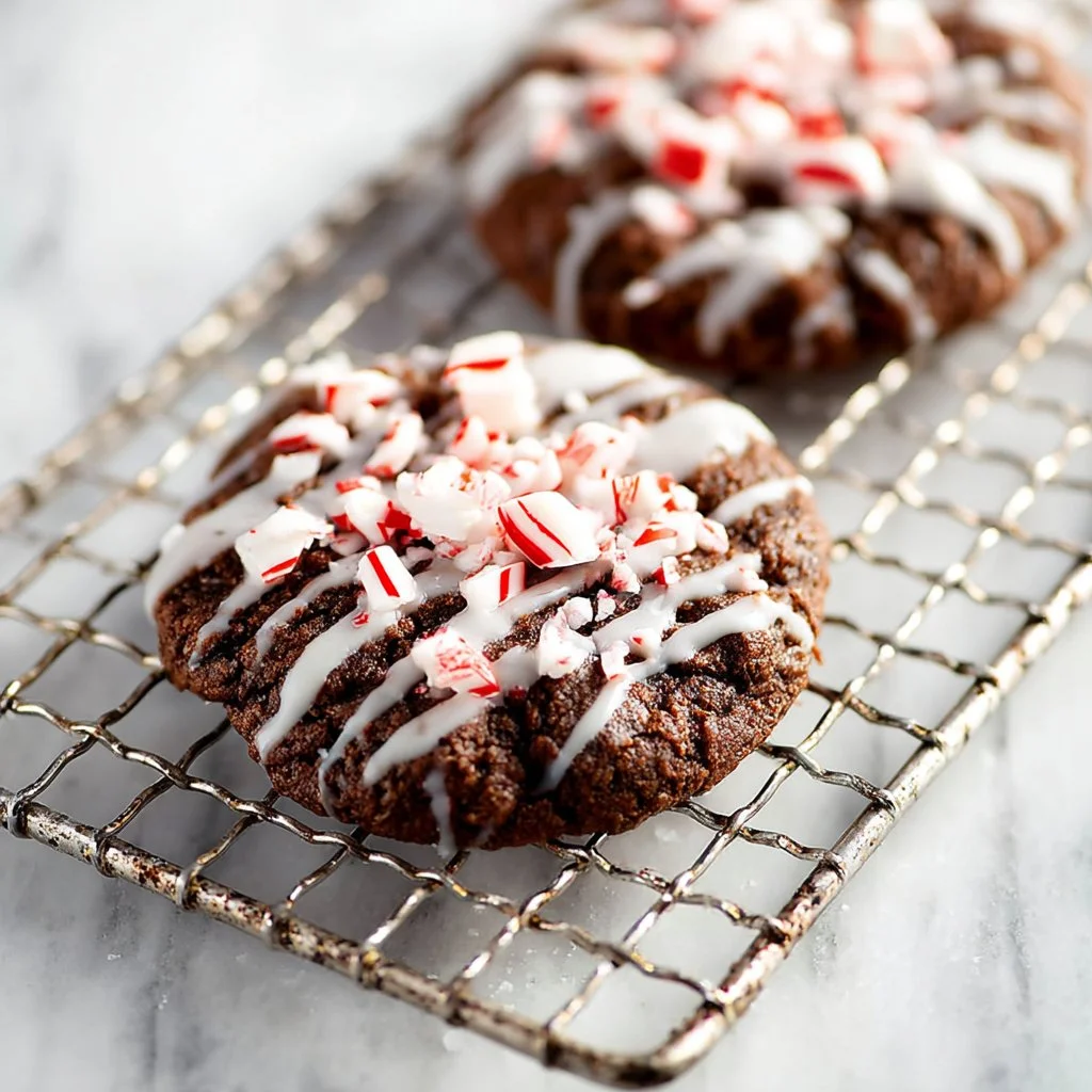 Chocolate peppermint sour cream crinkle cookies on a festive plate