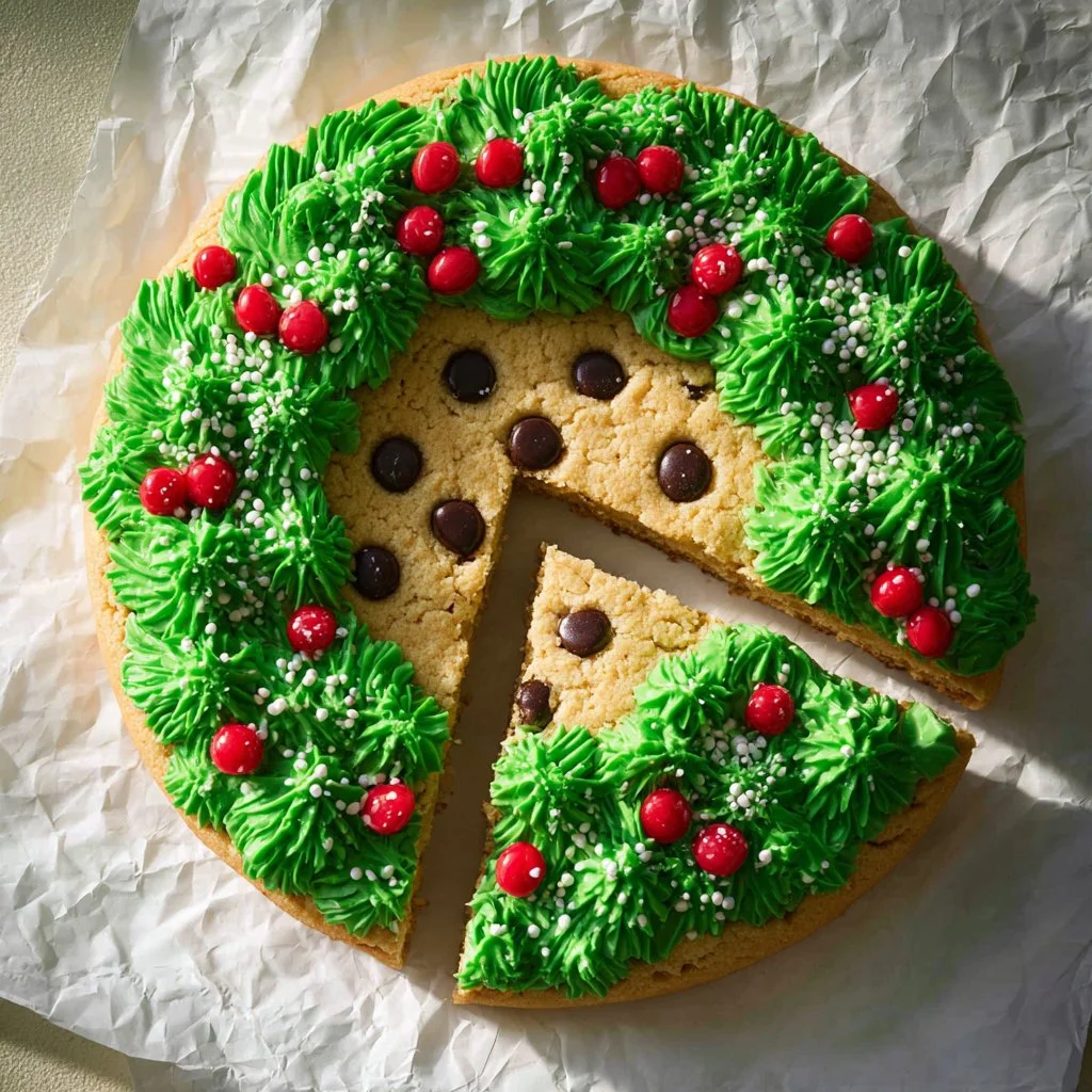 Delicious Christmas Cookie Cake adorned with festive decorations.