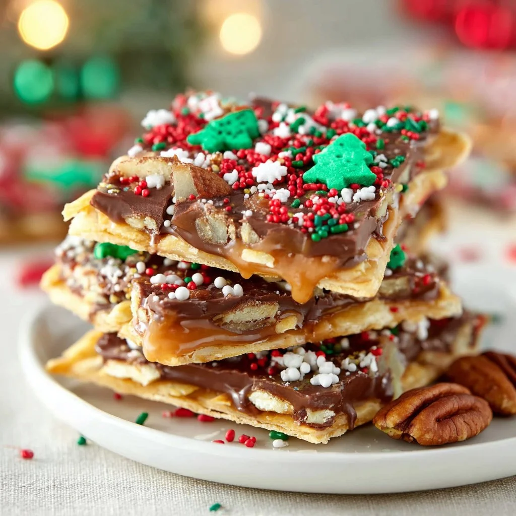 Homemade Christmas Crack cracker toffee on a festive plate