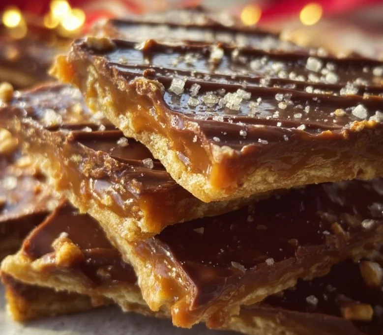 Plate of homemade Christmas Crack made with Saltine crackers and toffee