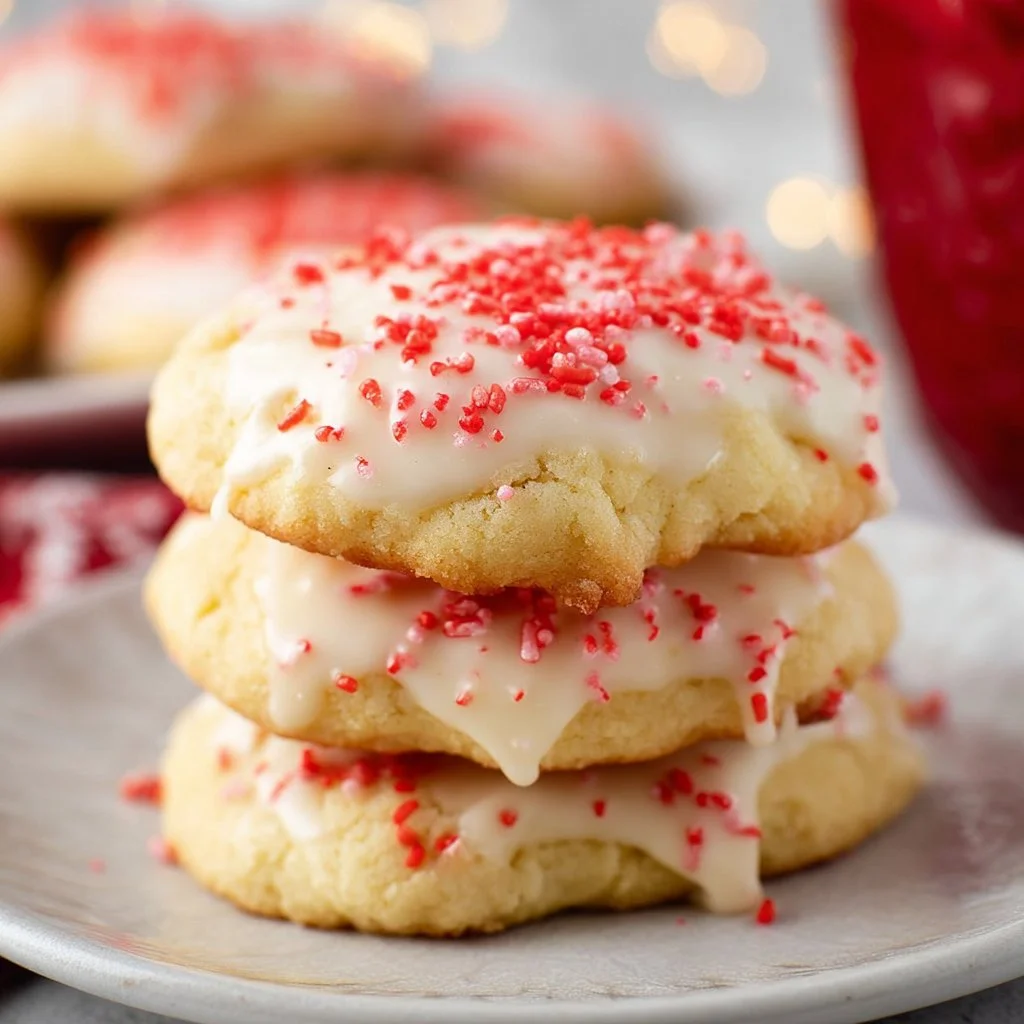 Decorated Christmas cream cheese sugar cookies on a festive plate