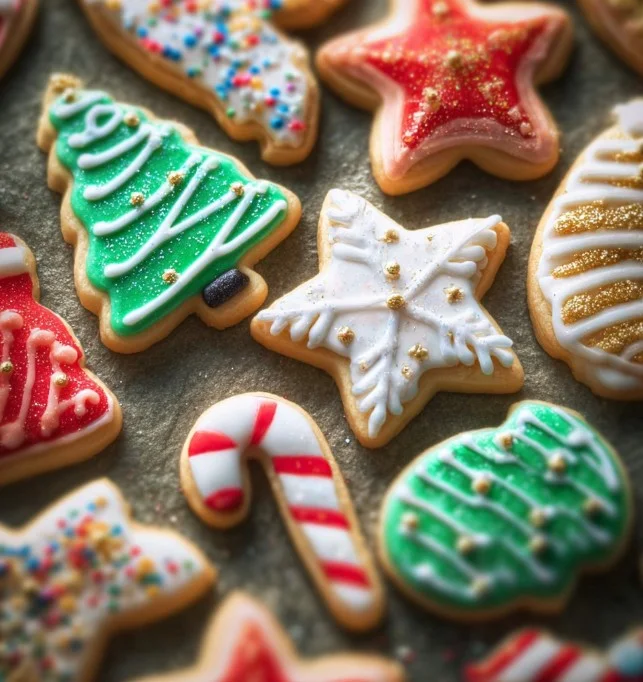 Decorated Christmas cutout cookies on a festive plate
