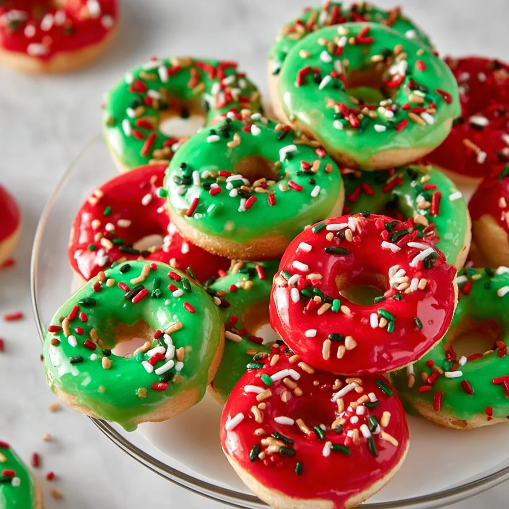Festively decorated Christmas Donut Cookies on a holiday-themed plate.
