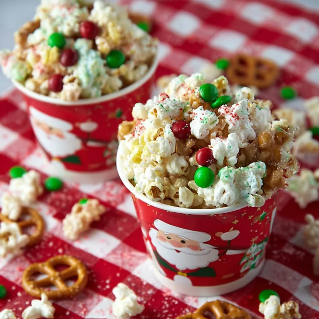 Delicious Christmas popcorn in festive colors and toppings for the holidays.