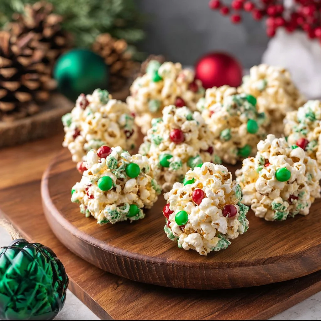 Colorful Christmas popcorn balls decorated for holiday celebrations