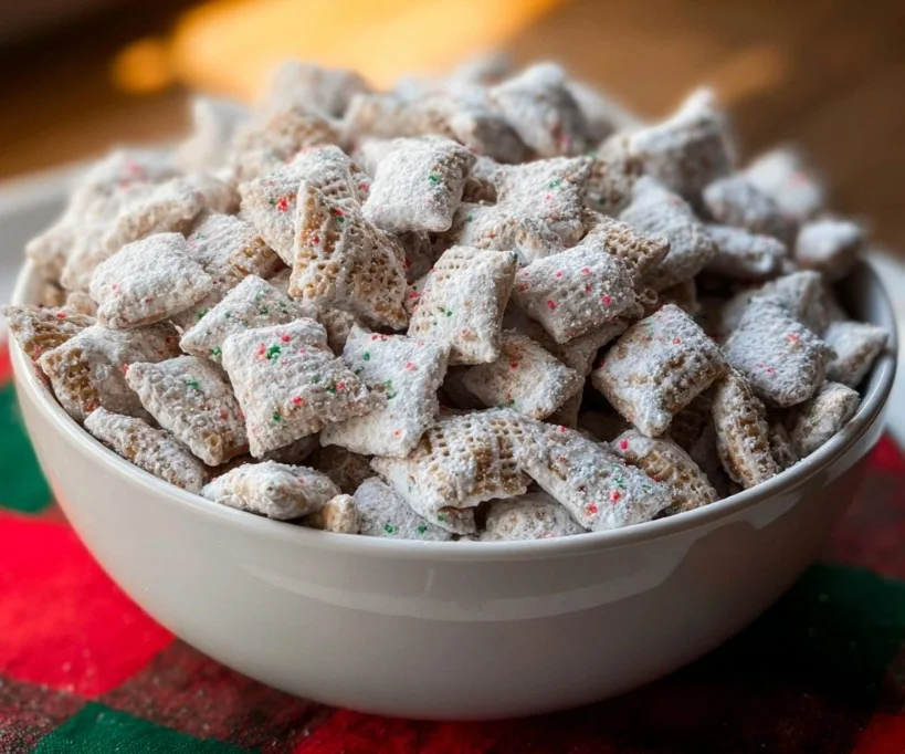 A festive bowl of Christmas Puppy Chow with festive decorations around it.