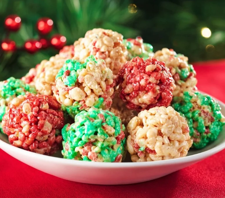 Festive Christmas Rice Krispie Treat Bites decorated for the holiday season